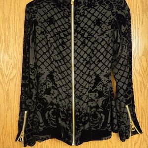 Balmain Black Patterned Velvet Jacket with Gold Zippers